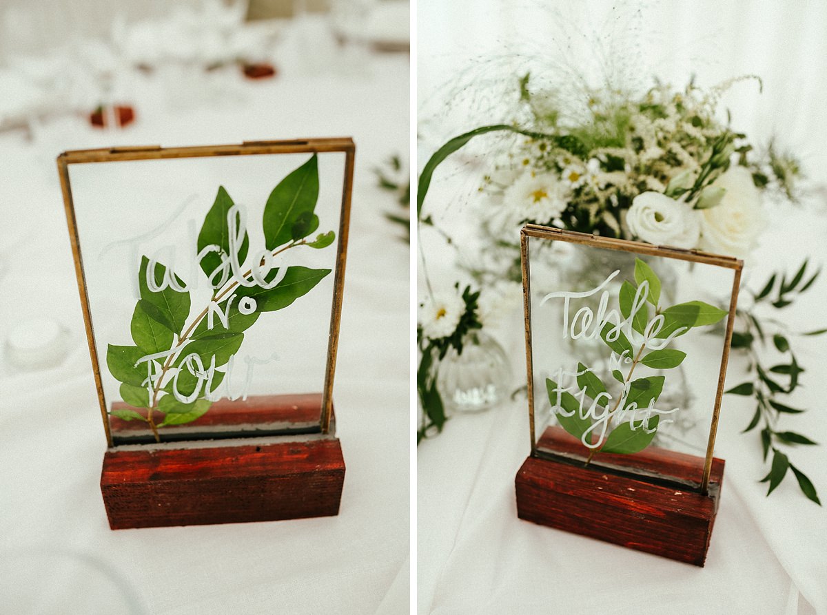 White and green rustic wedding table decorations