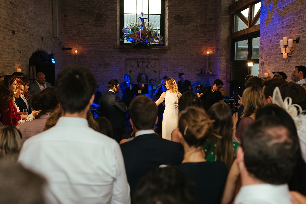 Bride and groom first dance at Merriscourt stone barn 