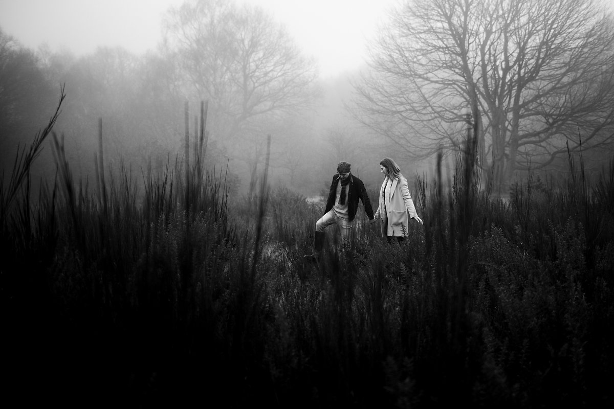 Foggy woodland pre-wedding photoshoot