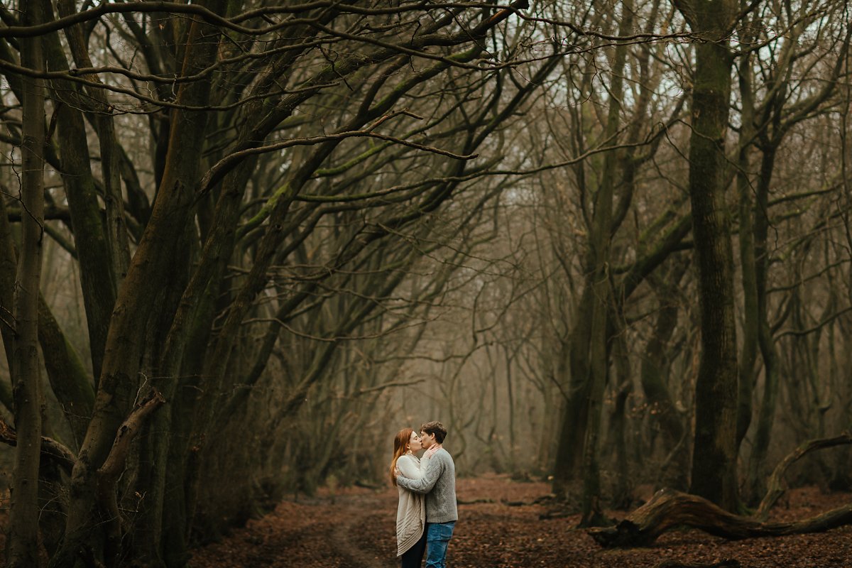 Foggy Buckinghamshire woodland pre-wedding photoshoot