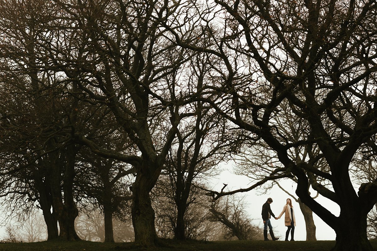 Foggy woodland pre-wedding photos