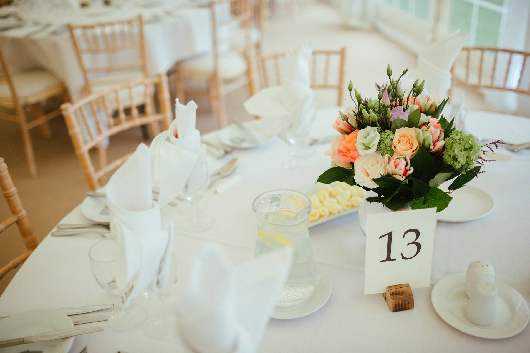 Pink and white wedding decorations at Missenden Abbey