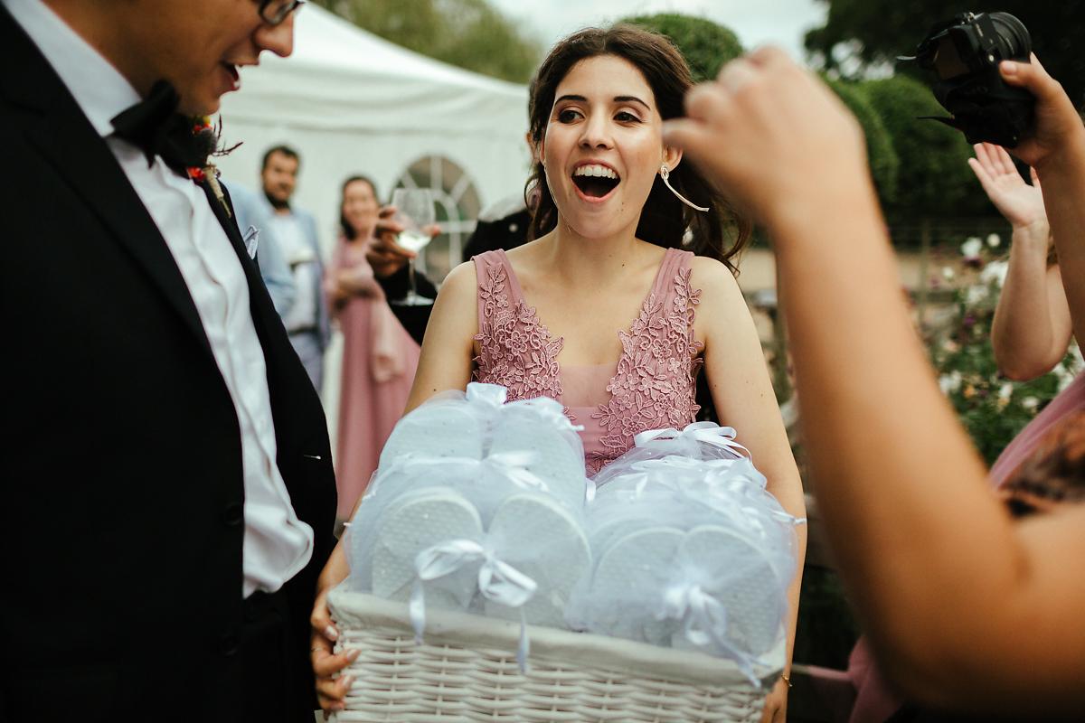 White flip flops for a wedding day