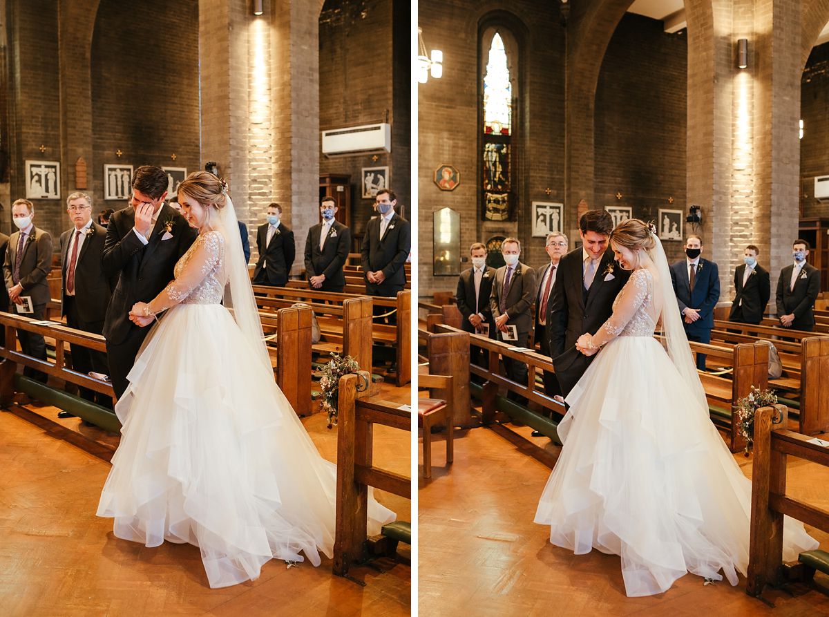 Lovely moments of bride and groom at the church ceremony 